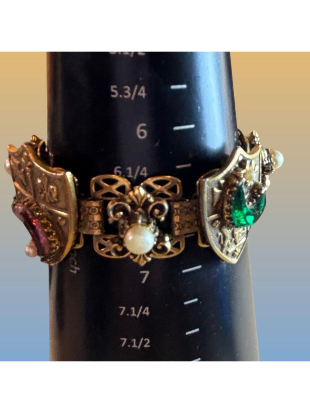 1950s Heraldic Panel Bracelet Antique Gold Tone Medieval Crest Design Vintage - Picture 6 of 8